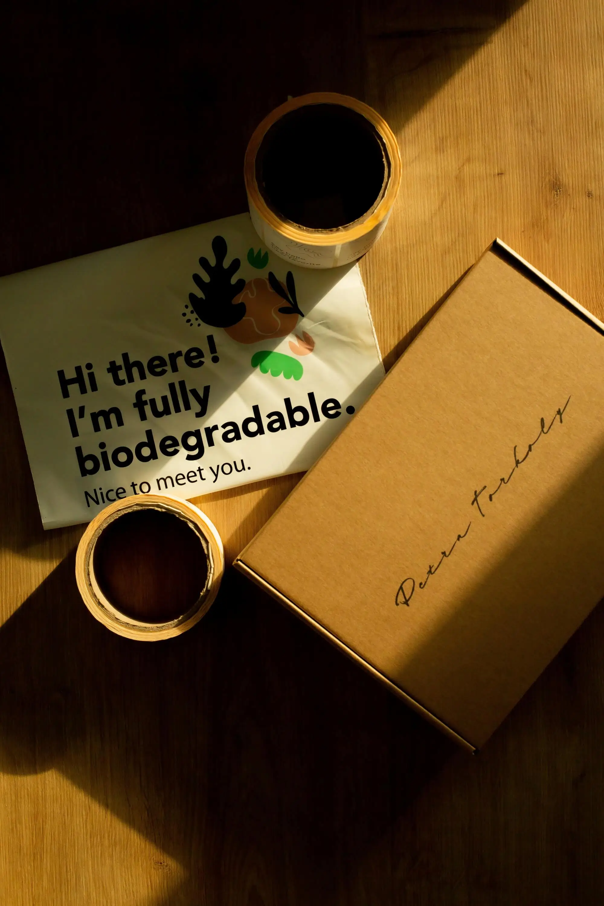 Cardboard box, napkin, and tape on wooden table top